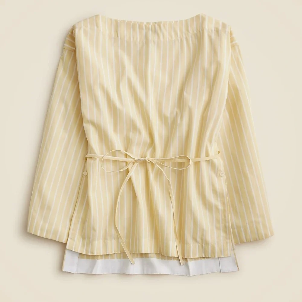 J. Crew‎ Yellow Ciel Top Striped Cotton Poplin Blouse Long Sleeve Size Large